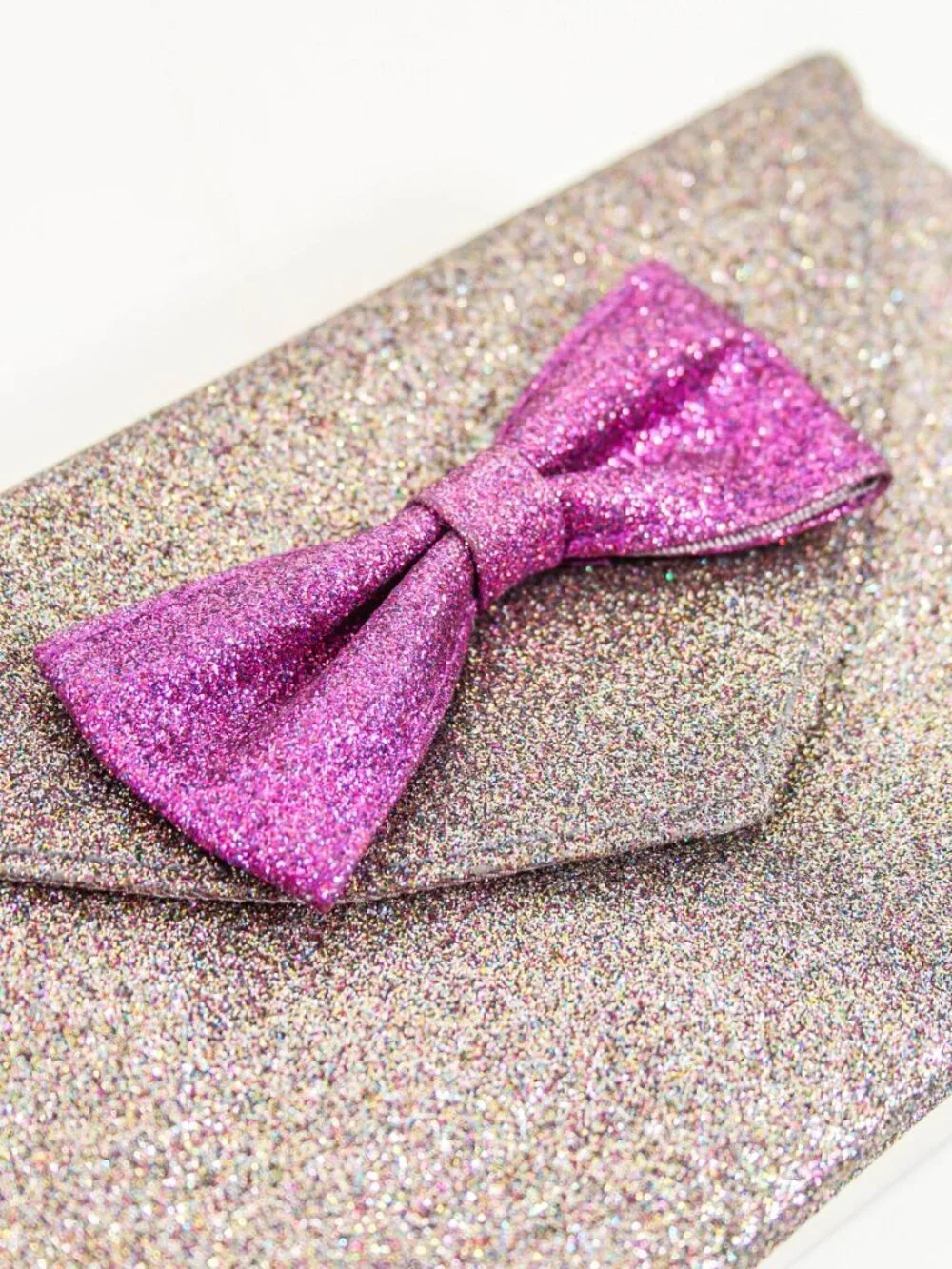 Anthropologie Mrs. Albright Glitter Bow Envelope Clutch Pink Rose NWT